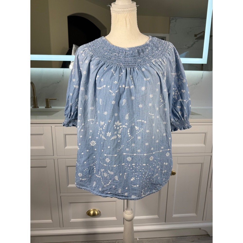 Sonoma Peasant Blouse Womens XL Blue Paisley Smocked Cotton Top - Picture 2 of 12